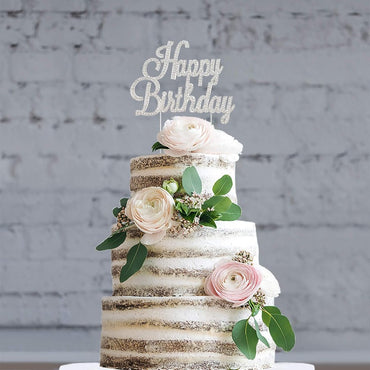 Happy Birthday Cake Topper - Premium Silver Metal Sparkly Rhinestone Decoration