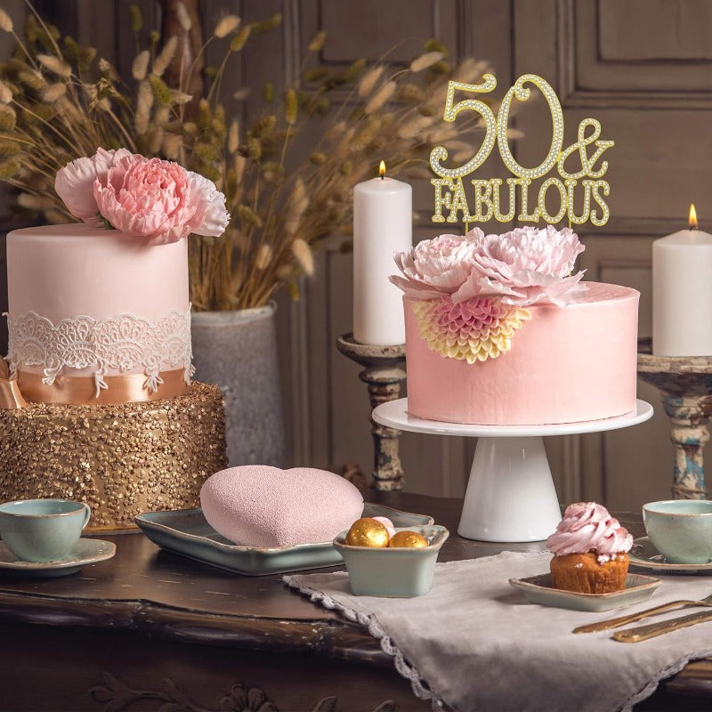 50 and Fabulous Cake Topper - Premium Gold Metal Sparkly Rhinestone Decoration