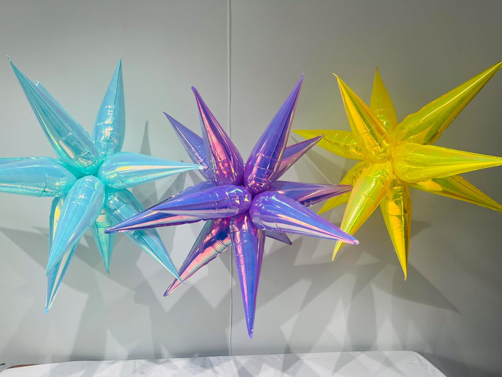 26Inch Iridescent Blue Exploding Star Balloons, Crystal Holographic 4 Sets