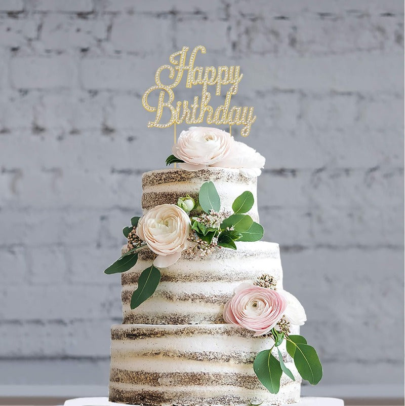 Happy Birthday Cake Topper - Premium Gold Metal Sparkly Rhinestone Decoration
