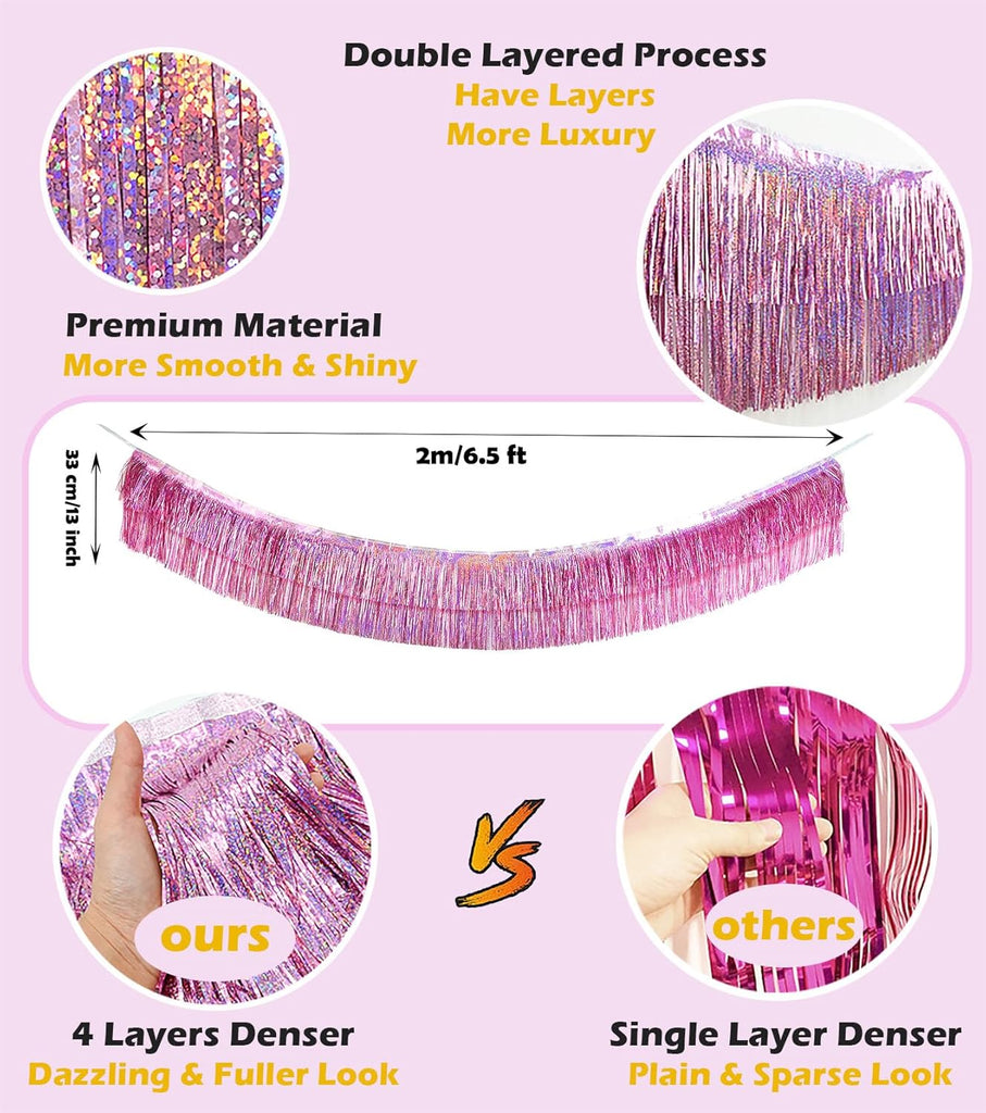 2 Pack Glitter Pink Foil Fringe Garland-4 Layers Thick