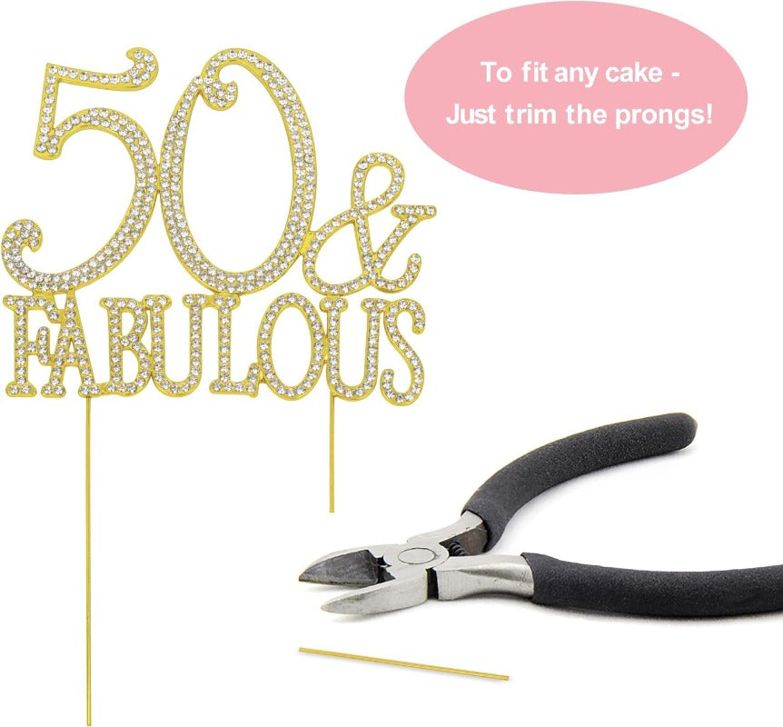 50 and Fabulous Cake Topper - Premium Gold Metal Sparkly Rhinestone Decoration