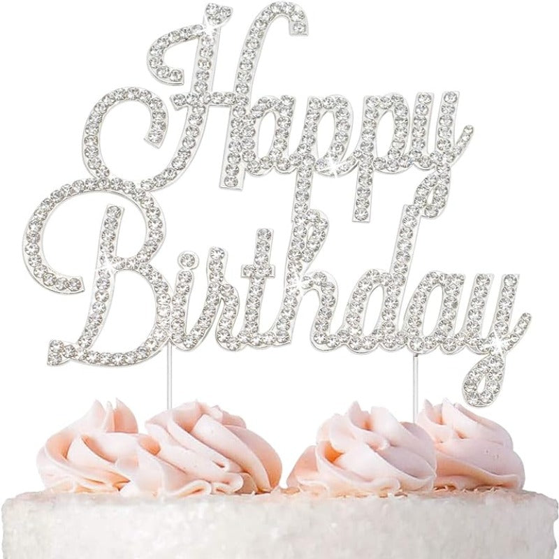 Happy Birthday Cake Topper - Premium Silver Metal Sparkly Rhinestone Decoration