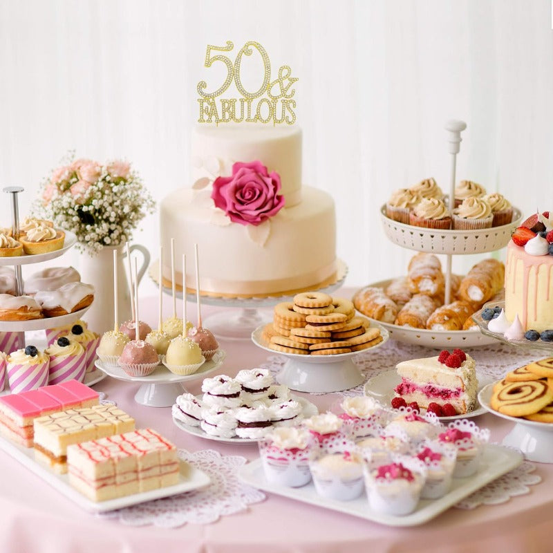 50 and Fabulous Cake Topper - Premium Gold Metal Sparkly Rhinestone Decoration