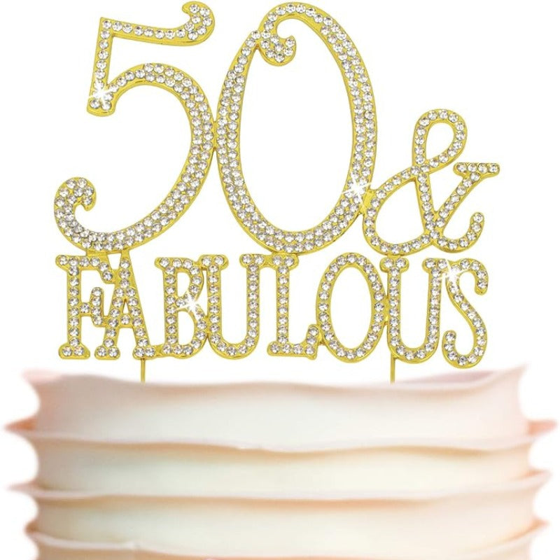 50 and Fabulous Cake Topper - Premium Gold Metal Sparkly Rhinestone Decoration