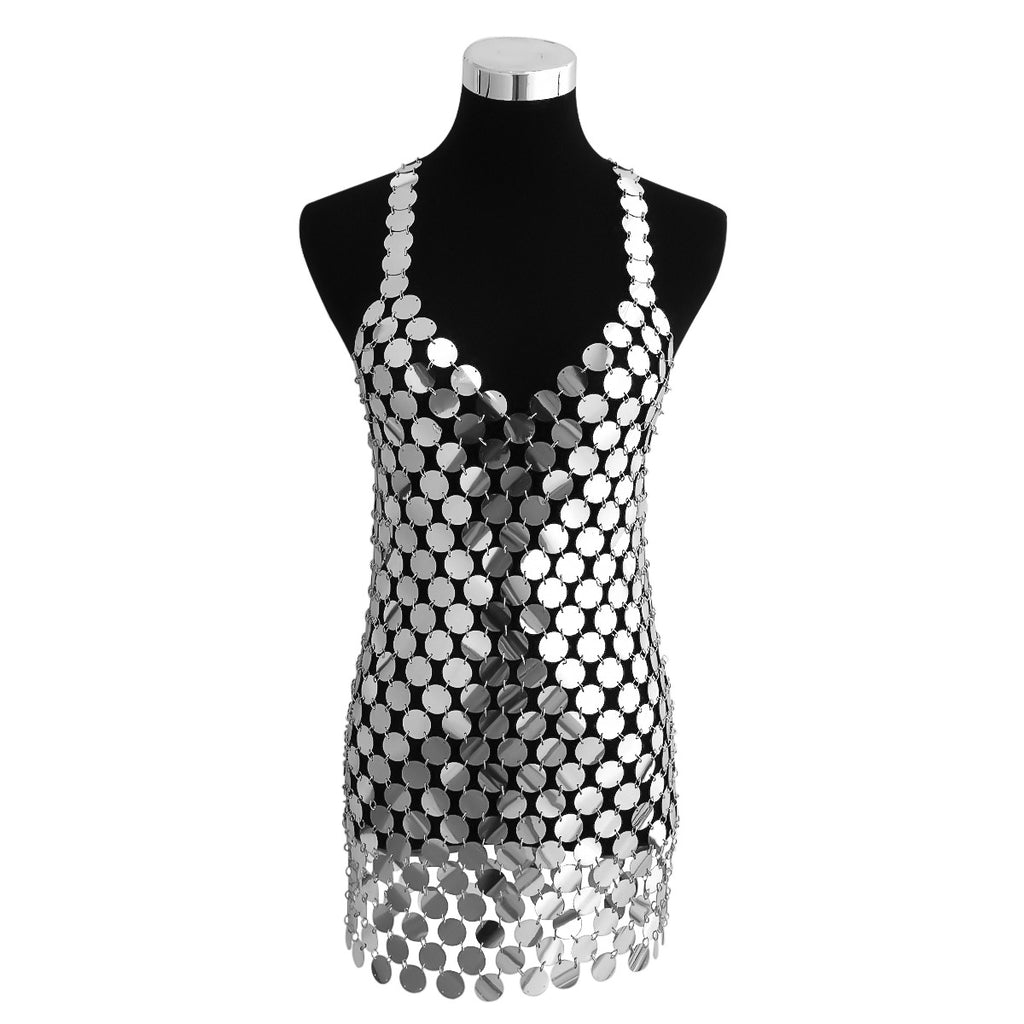 Chunky Sequin Party Dress, Exaggerated Round Clothes, Women's Sexy Geometric Openwork Sequin Body Chain