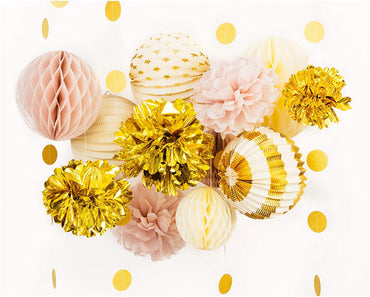 Premium Paper Decoration Set - Pom Pom, Honeycomb and Accordion Lantern (Champagne Glam with Metallic Gold) Birthday Party Baby Shower Bride to Be Engagement Wedding Events