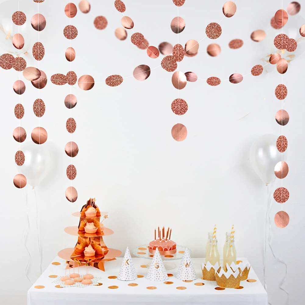 Glitter Rose Gold Circle Dots Garland Party Decorations Paper Polka Dots Hanging Streamer String Bunting Banner Backdrop Background Decor Wedding/Birthday/Anniversary/Engagement/Christmas