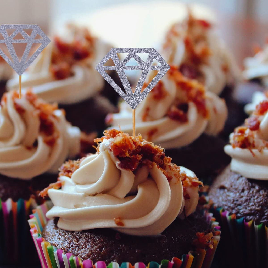 50 Pack Cupcake Toppers with Silver Glitter Diamond Shape