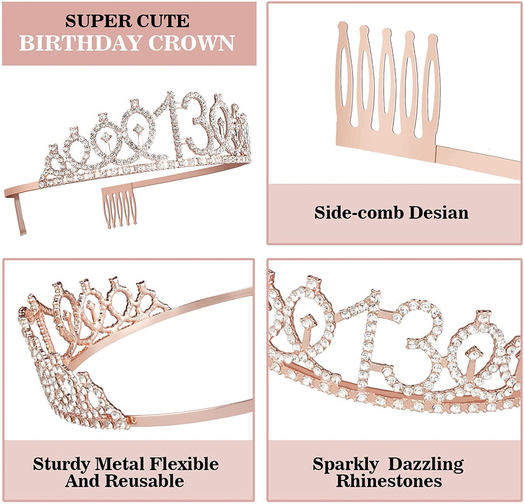 Birthday Decorations for Girls, Birthday Sash,Crown/Tiara,Candles,Cake Toppers.13th Birthday Gifts for Girls,Rose Gold 13 Birthday Decorations for Girls,13 Year Old Official Teenager Happy Birthday Decorations