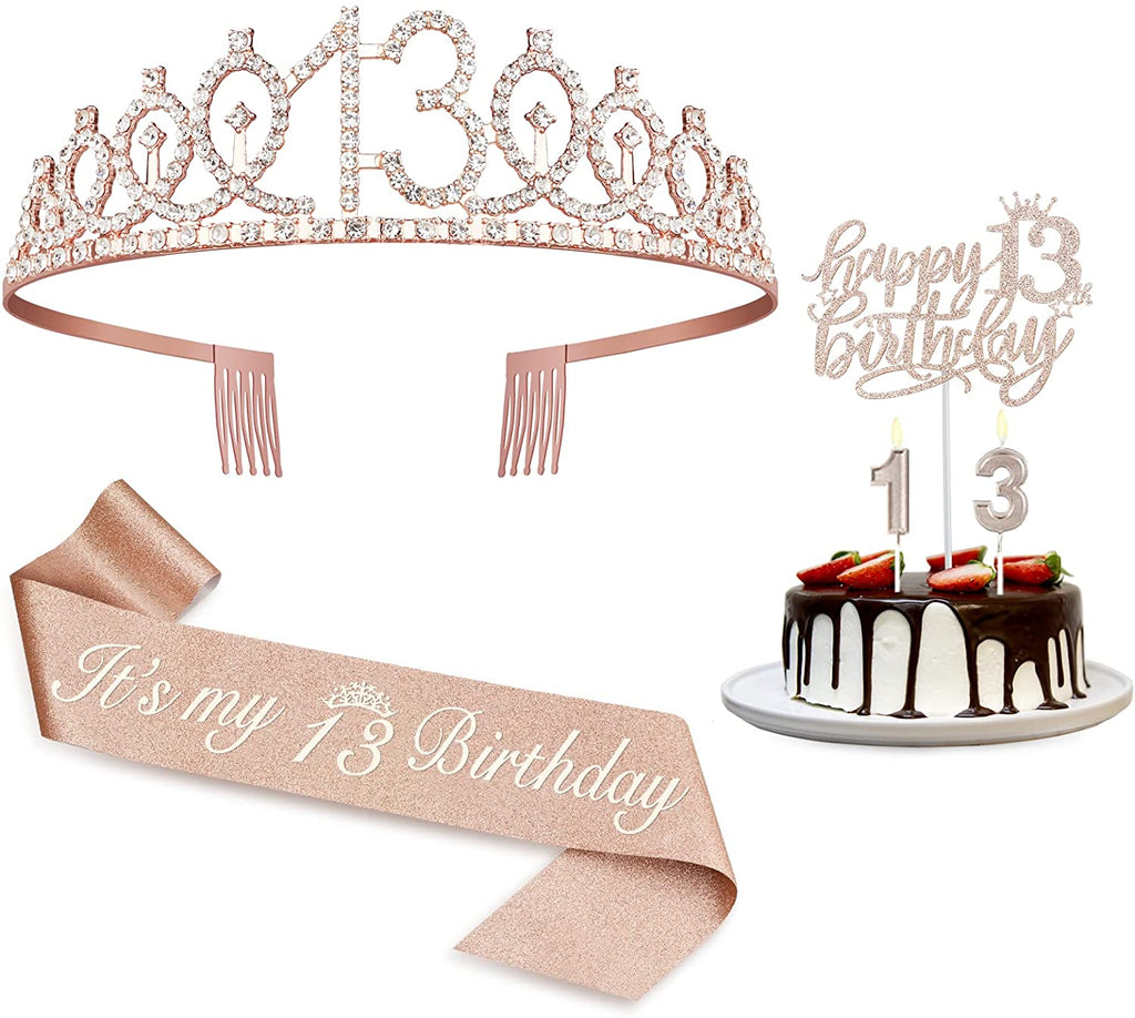 Birthday Decorations for Girls, Birthday Sash,Crown/Tiara,Candles,Cake Toppers.13th Birthday Gifts for Girls,Rose Gold 13 Birthday Decorations for Girls,13 Year Old Official Teenager Happy Birthday Decorations