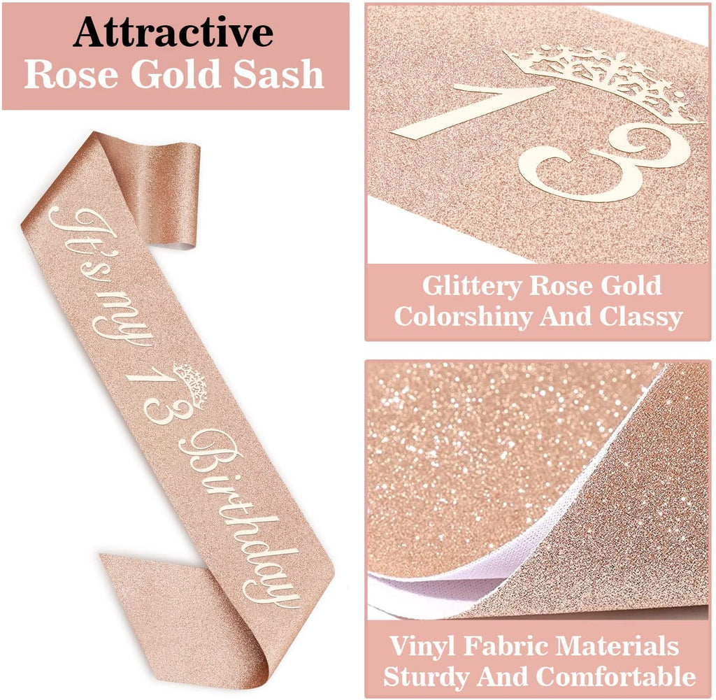 Birthday Decorations for Girls, Birthday Sash,Crown/Tiara,Candles,Cake Toppers.13th Birthday Gifts for Girls,Rose Gold 13 Birthday Decorations for Girls,13 Year Old Official Teenager Happy Birthday Decorations