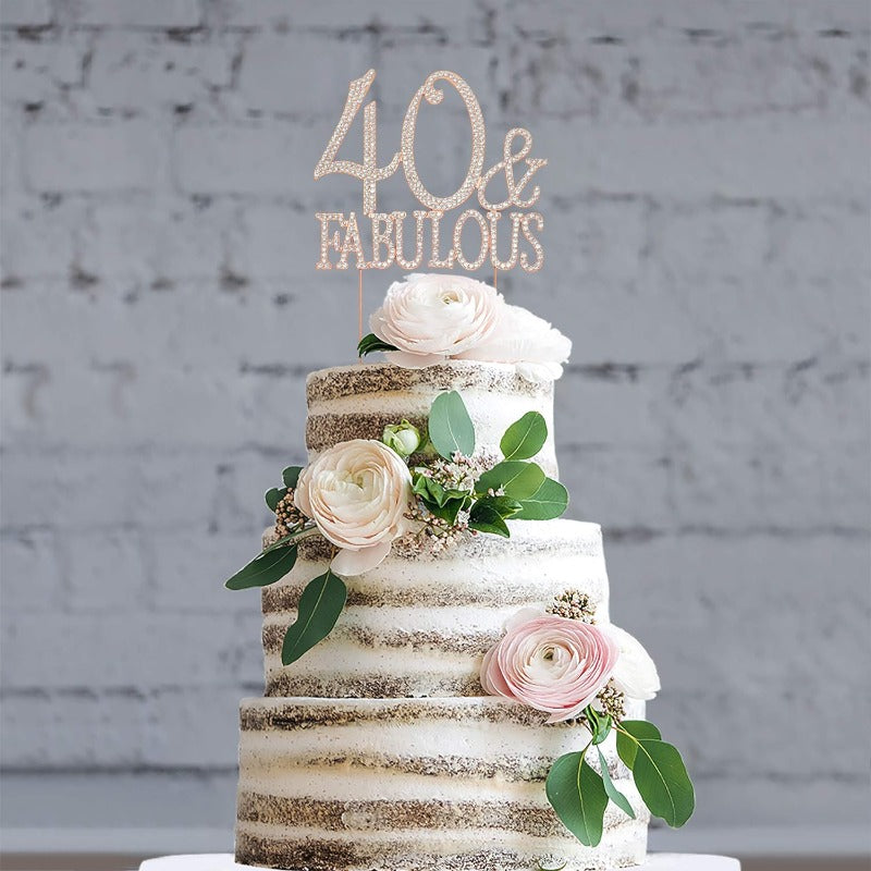 40 and Fabulous Cake Topper - Premium Rose Gold Metal Sparkly Rhinestone Decoration