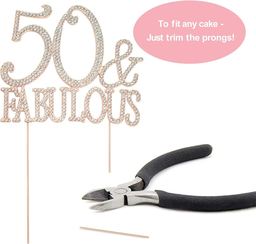 50 and Fabulous Cake Topper - Premium Rose Gold Metal Sparkly Rhinestone Decoration