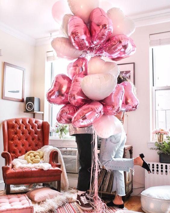 Pink Heart Shape Foil Balloons with Ribbons